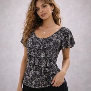 Brannan Womens Ruffle Tiered Top Floral Dark Fairy Whimsigoth Romantic Black M